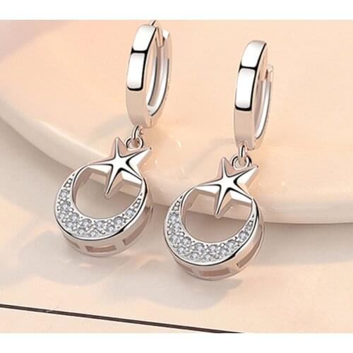 Prevent allergy Romantic 925 Sterling Silver Crystal Star Moon Stud Earrings for Women Engagement Jewelry eh521