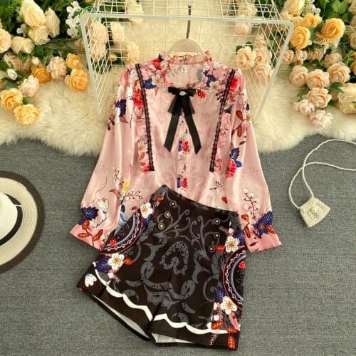Europe Style 2021 Summer Women Long Sleeve Ruffles Bow Floral Shirts + Retro Wide Leg Shorts Two Piece Set Female Suits Outfit