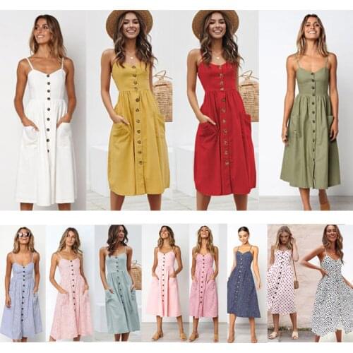 Womens Sexy Summer Midi Dress Boho Style Halter Sleeveless Button Striped Polka Dot Solid Midi Summer Pocket Dress