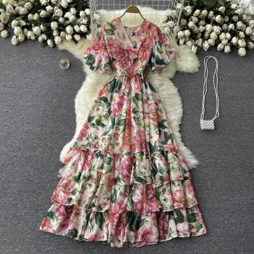 2021 Summer Fashion New Elegant Temperament Vestidos Womens V-neck Flared Sleeve Chiffon Printing Holiday Midi Dress GL316