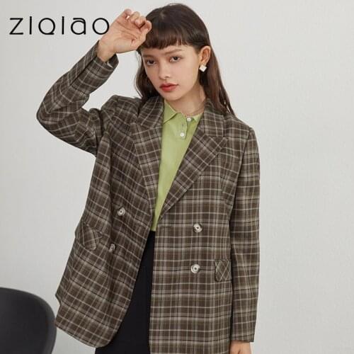 ZIQIAO Womens Suit Office Lady Plaid Blazer Womens Spring 2021 New Loose High-Sense Brown Button Women Blazer
