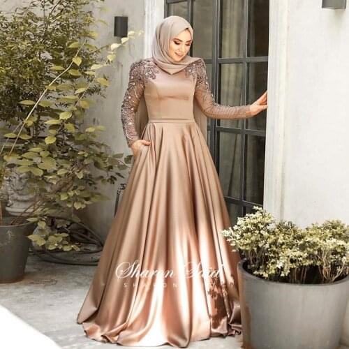 Arabic Champagne Long Sleeve Muslim Evening Dress with Hijab Detachable Skirt Luxury Dubai Women Wedding Formal Party Dresses