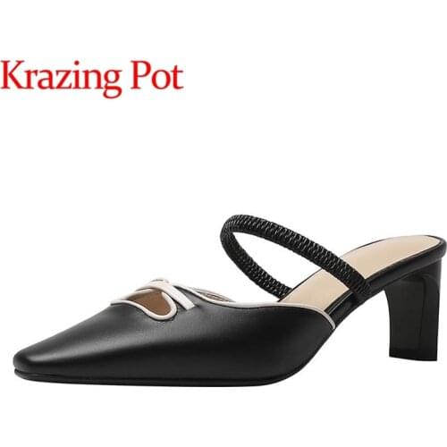 Krazing pot summer genuine leather square toe high heels mixed colors gentlewomen daily wear fashion slip on sandals women L92