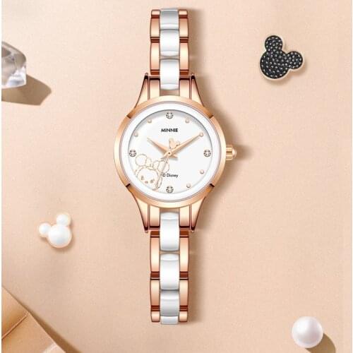 Disney Official Women Fashion Casual Quartz Wristwatches Rhinstone Bling Ceramics Band Girls Minnie Mouse New Luxury Gift Clock