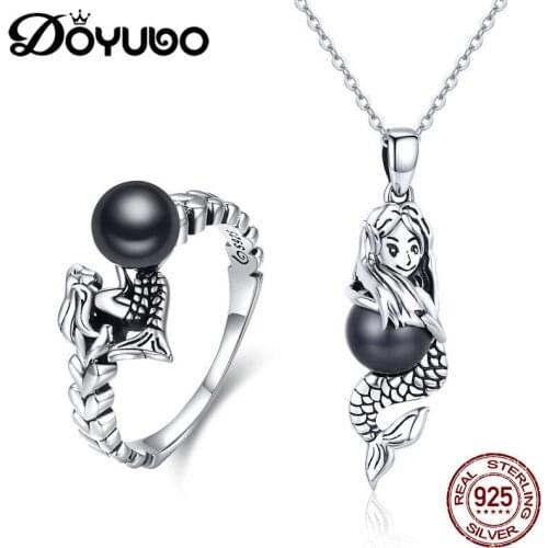 DOYUBO Antique Womens Sterling Silver Mermaid Pendant Necklace And Ring Silver Jewelry Sets Fashion Silver Accessories AB010