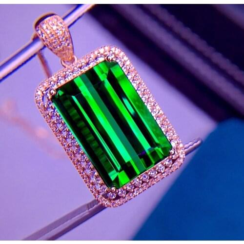 E401 Fine Jewelry Real 18K 100% Natural Green Tourmaline 15.8ct Diamonds Gemstone Diamond Womens Pendants Necklaces