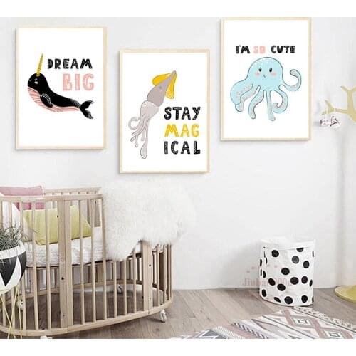 Canvas Painting Nordic Style Wall Art Whale Octopus Sea Animals Posters and Prints Picture for Kids Room Home Decor