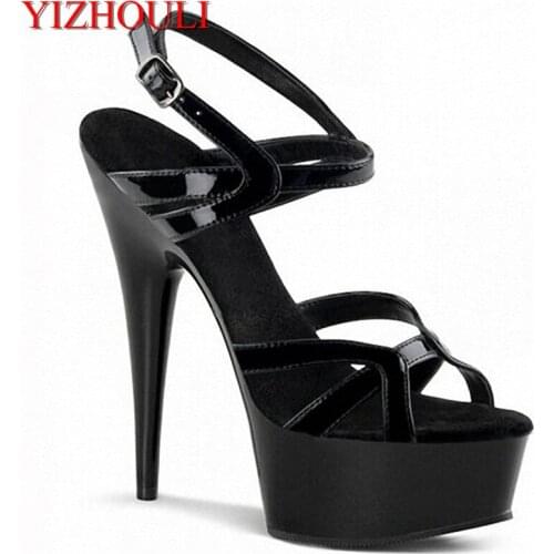 In the summer of 2018, the new 15CM open-toe sandals are high heels and black lacquered womens shoes