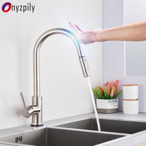 Brushed Smart Touch On Kitchen Faucet Sensor 360 Rotation Pull Out Single Handle Mixer Tap Two Water Modes Sink Crane Hot Cold