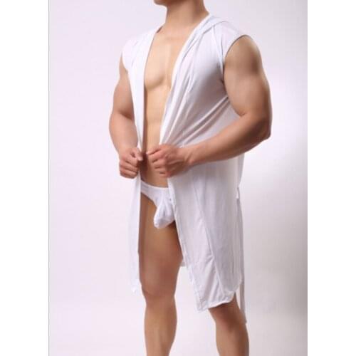Men Summer Pajamas Solid Color Sleepwear Fashion Nightgown Robe Bath Robe Casual Comfortable Male Sleeveless Hooded Pajamas
