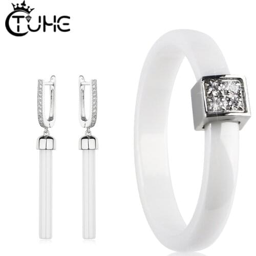 2020 New Fashion Ceramic Jewelry Set Long Drop Earrings 3mm Crystal Ceramic Ring For Women Girl Trend Style Wedding Party Gift