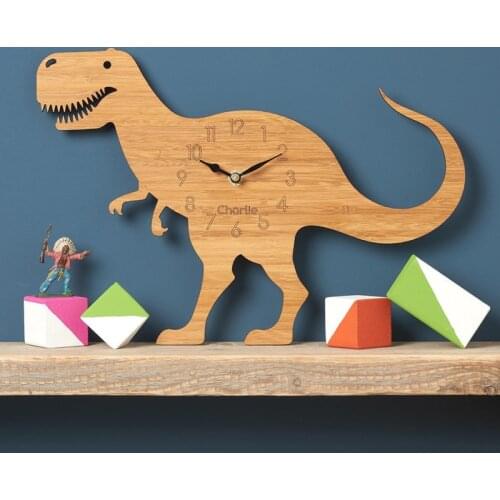 Forest theme bamboo wood cartoon dinosaur wall clock childrens room decoration tyrannosaurus wood animal wall clock Home Decor