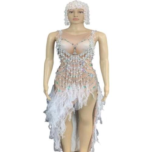 New Fashion Beaded Fringes Sequined Bodycon Dress Sexy Party Birthday Dress Slit Rhinestone Stage Wear Headdress Dance Costume