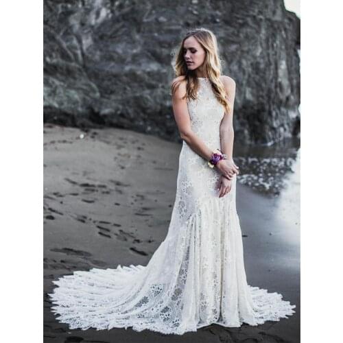 Beach Halter Corset Back Wedding Gown Backless Boho Hippie Maxi Plus Size 2021 Sheath Custom Made Spaghetti Straps Bridal Dress