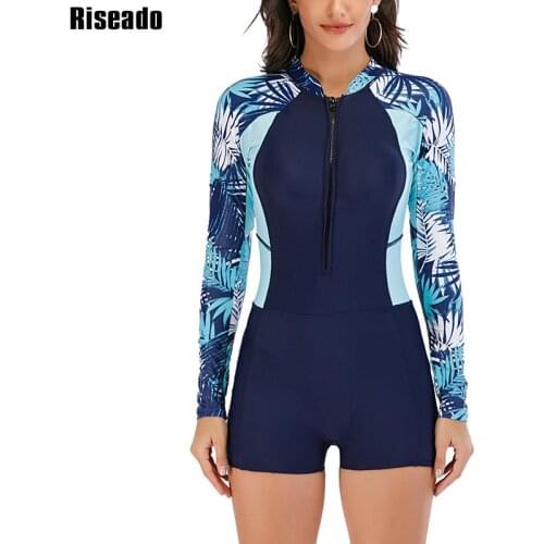Riseado Sport One Piece Swimsuit Zipper Swimwear Women Long Sleeve Swimsuit Fused Boyleg Bathing Suit Competitive Swimming Suit
