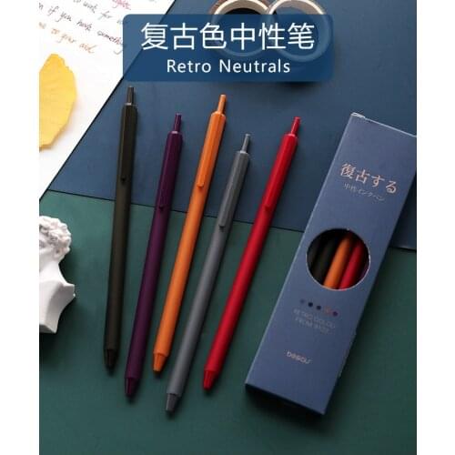 5pcs/set Retro Dark Colored Gel Pens Retractable 0.5mm Gray/Black/Purple/Yellow/Red Ink Ballpoint Writing Pen for Journaling