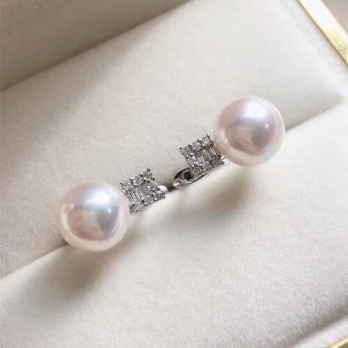 Y210 Fine Jewelry Pure 18 K White Gold Made In Japan Diamonds 9-9.5mm Akoya Pearls Stud Earrings for Women Fine Pearl Earrings