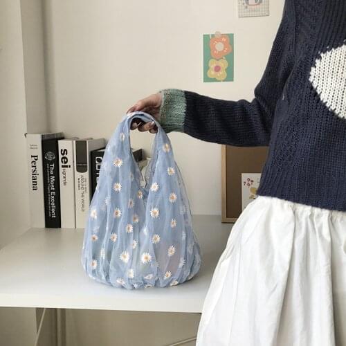 New Women Small Transparent Tote Mesh Cloth Bag Daisy Embroidery Handbag High Quality Eco Fruit Bag Purse For Girls