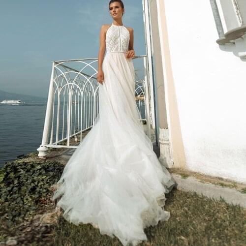 A Line Wedding Dress Glitter Boho Bridal Dresses Halter Court Train Vestido De Noiva Backless Bridal Gowns Custom Made