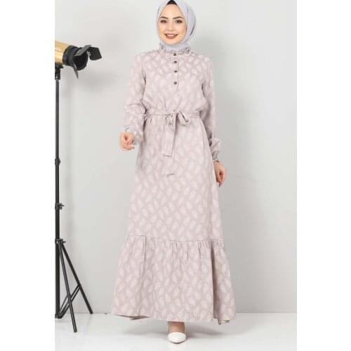 Desenli Tesettür Elbise TSD1621 Vizon