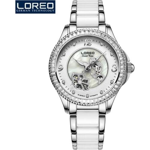 Waterproof 50M Women Luxury Rhinestone Ceramic Steel Automatic Mechanical Watches Ladies Business Watch LOREO Relogio Feminino