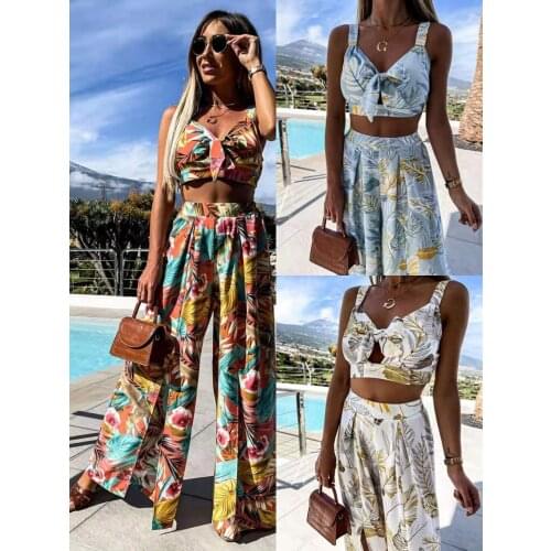 Summer new product lace stretch tube top plus casual loose print big swing wide leg pants suit women