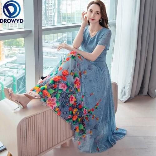 2021 Summer Boho Beach Maxi Dress for Women V-neck Blue Floral Printed Short Sleeve Women Chiffon Long Dress Plus Size Vestidos