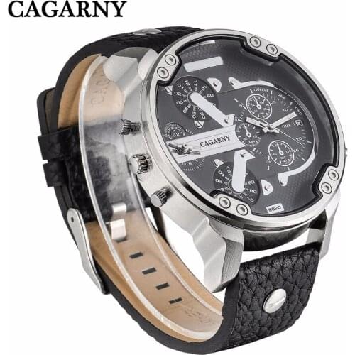 5.2CM Silver-tone Case Quartz Watch Men Black Leather Strap Two Times Mens Wrist Watches DZ6820 Army Miltiary Relogio Masculino