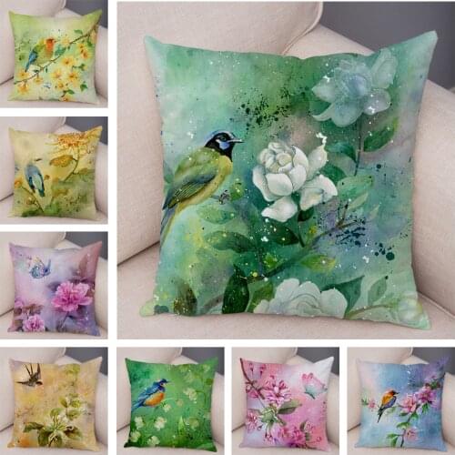 Watercolor Flower and Birds Cushion Cover for Sofa Home Car Chair Plush Pillow Case 45x45cm Colorful Floral Animal Pillowcase