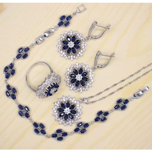 GZJY 925 Silver Stamp Jewelry Sets flower shape necklace pendant blue Crystal ring earrings chain bracelet jewelry for women