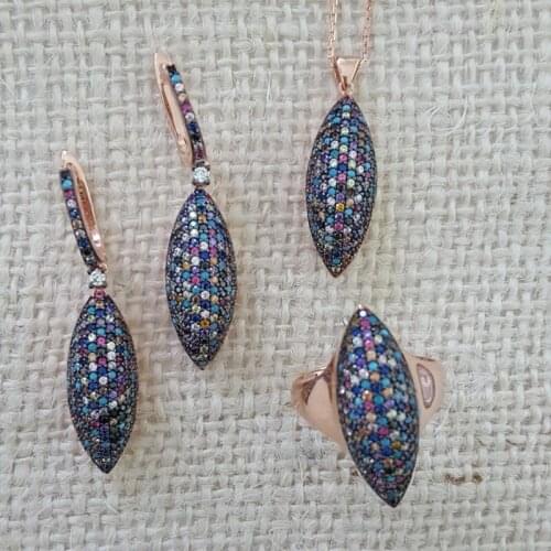 Silver Set 925 Sterling Silver Rainbow Drop Ring Earing Necklace Set