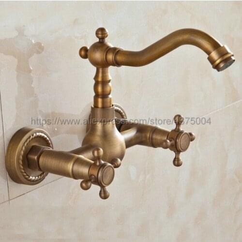 Basin Faucets Antique Brass Wall Mounted Kitchen Bathroom Sink Faucet Dual Handle Swivel Spout Hot Cold Water Tap Ntf006