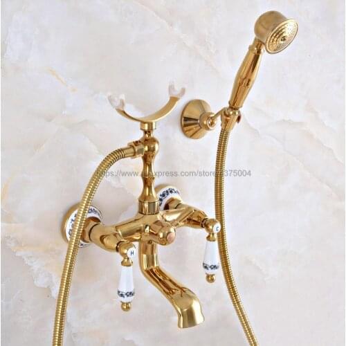 Gold Color Brass Dual Handles Bathtub Shower Faucet Wall Mount Bathroom Tub Faucet with Handheld Sprayer Nna907