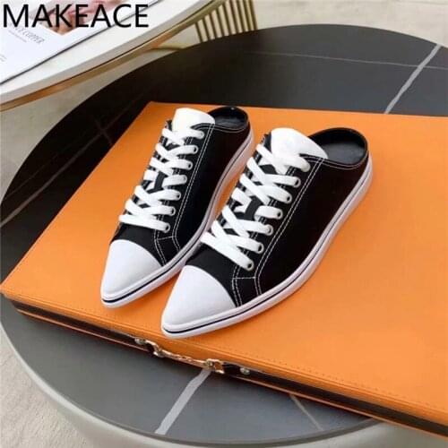 Summer Pointed Toe Slippers Women Black White Canvas Shoes Woman Lace Up Flats Ladies Designer Shoes Casual Slippers For Women