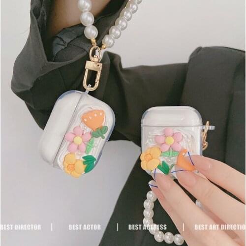 Cute Flower Pearl Bracelet Wristband Chain Earphone Case For Apple Airpods 1 2 Transparent Soft Headphone Cover For Air Pods Pro