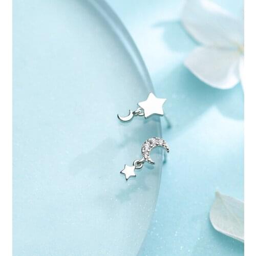 MloveAcc 100% 925 Sterling Silver Wonderful Night Moon & Stars Stud Earrings for Women S925 Jewelry Gift Brincos