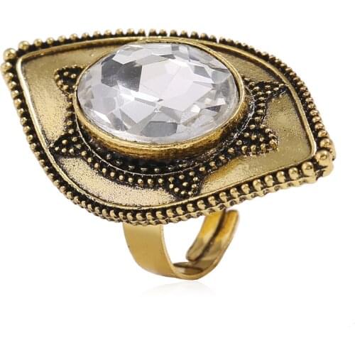 Fashion Antiqued Gold Eye Shaped Rhinestone Statement Adjustable Rings for Women Men Vintage Jewelry