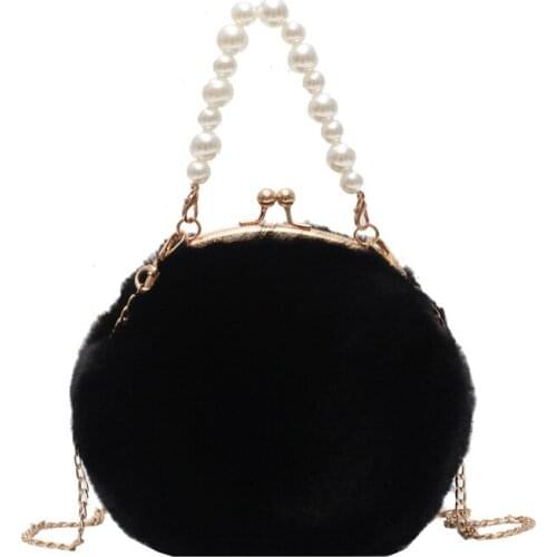 Fashion mini faux fur women crossbody handbags plush pearl sling shoulder clutch cute purses