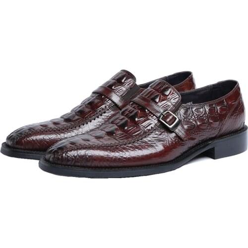 Crocodile Grain Black / Tan Hand Made Mens Dress Shoes Genuine Leather Wedding Shoes Male Business Shoes With Buckle