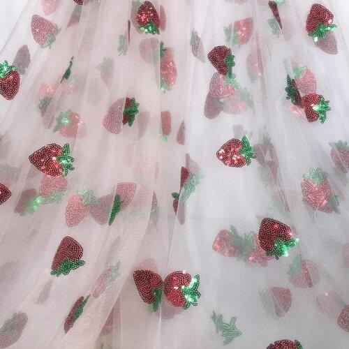 Soft Translucent Sequins Strawberry Embroidery Mesh Fabric for Wedding Party Dress Tulle Stage Garment Diy Sewing Lace Fabric