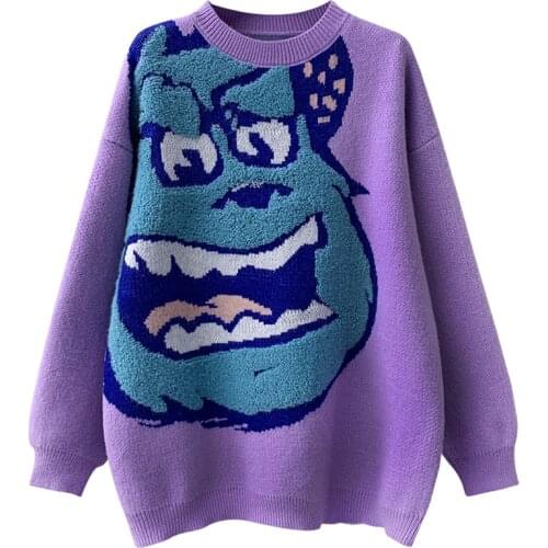 Fall Spring Loose Women Sweater Cute Printing Knit Pullover O-Neck Casual Mohair Warm Lantern Long Sleeve Female