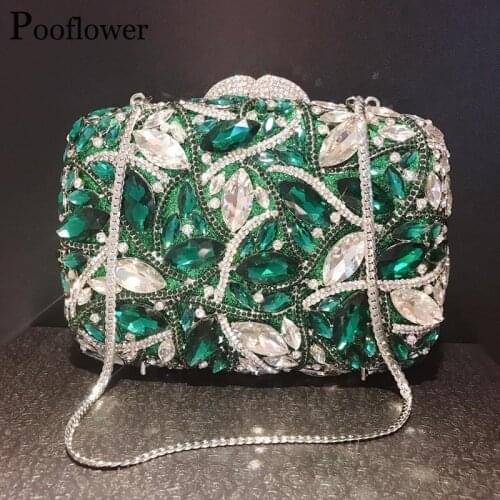 Pooflower Luxury Minaudiere Women Wedding Party Diamond Clutch Purse Lady Gem Small Handbags Crystal Chains Evening Bag ZH355