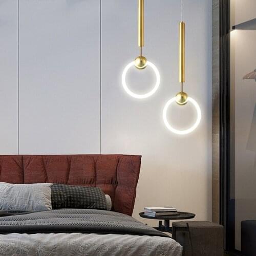 Nordic Luxury Staircase Dining Room Foyer Hanging Light Golden Modern Creative Art Single Head Acrylic Ring Novelty Chandelier