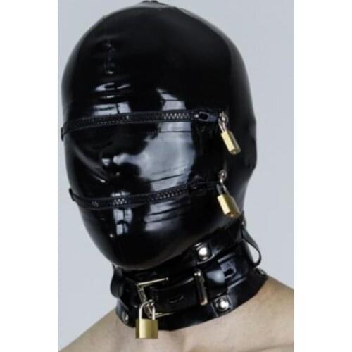 Sexy Black Latex Fetish Hood Mask Zip Eyes Mouth Lockable Neck Collar