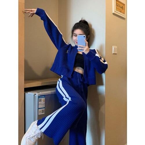 Tracksuits Women Set 2021 Casual Two Piece Suit Female Fashion Cropped Coat & Wide Leg Pants Sets Conjuntos De Mujer X554