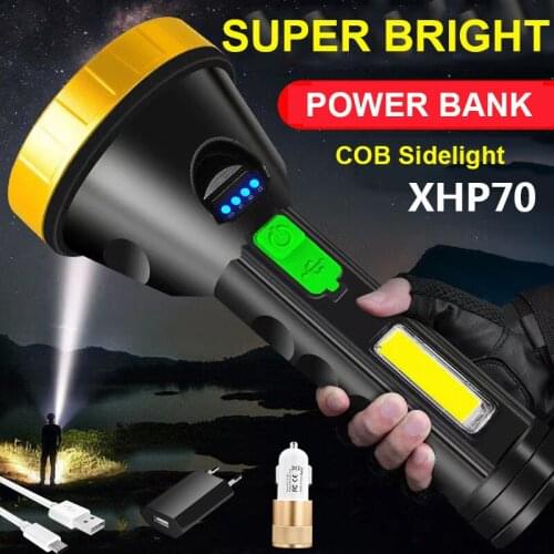 Led Searchlight XHP70 Led Flashlight Outdoor Camping Light Power Bank Torch Lanterna USB Rechargeable COB Work Light