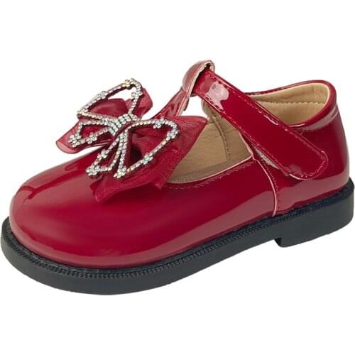 Girls' Leather Shoes 2021 New Rhinestone Bow Princess Shoes Kids Lacquered British Style Single Shoes Sweet 21-30 Breathable Hot