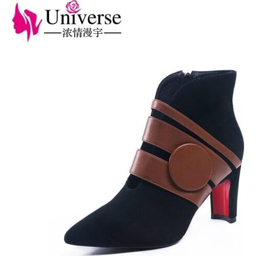 Universe kid suede+PU ankle boots soft warm pigskin lining pointed toe high heels black ladies winter boots women shoes H193
