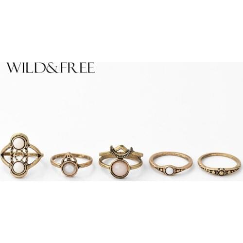 Bohemian Style 6PCS Moon Geometric Finger Ring Sets Antique Gold Acrylic Knuckle Boho Turkish Midi Ring Jewelry For Women