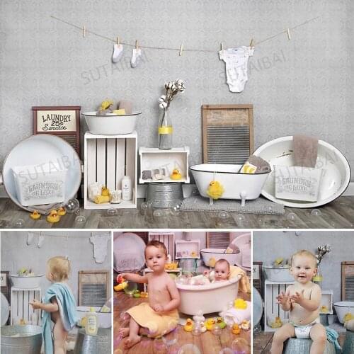 Bathroom Hot Bath Children Portrait Backdrop Photo Studio Yellow Duck Laundry Newborn Birthday Cake Smash Photo Background Vinyl